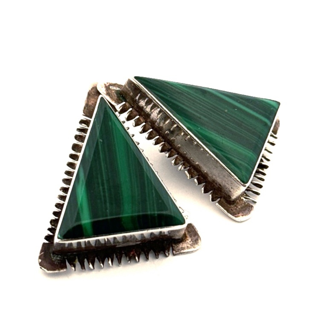 Vintage TAXCO Earrings MALACHITE Gemstones Sterling Mexico Clip 24G - Picture 4 of 16